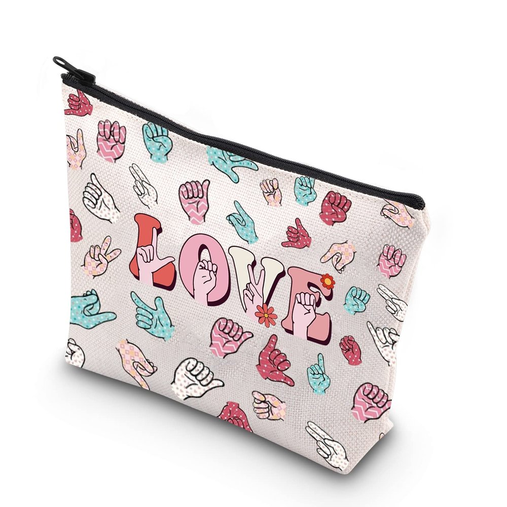 WCGXKO Sign Language Heart Makeup Bag Asl Gift Asl Interpreter Deaf Gift Gift for Asl Teacher Asl Zipper Pouch (LOVE HAND)