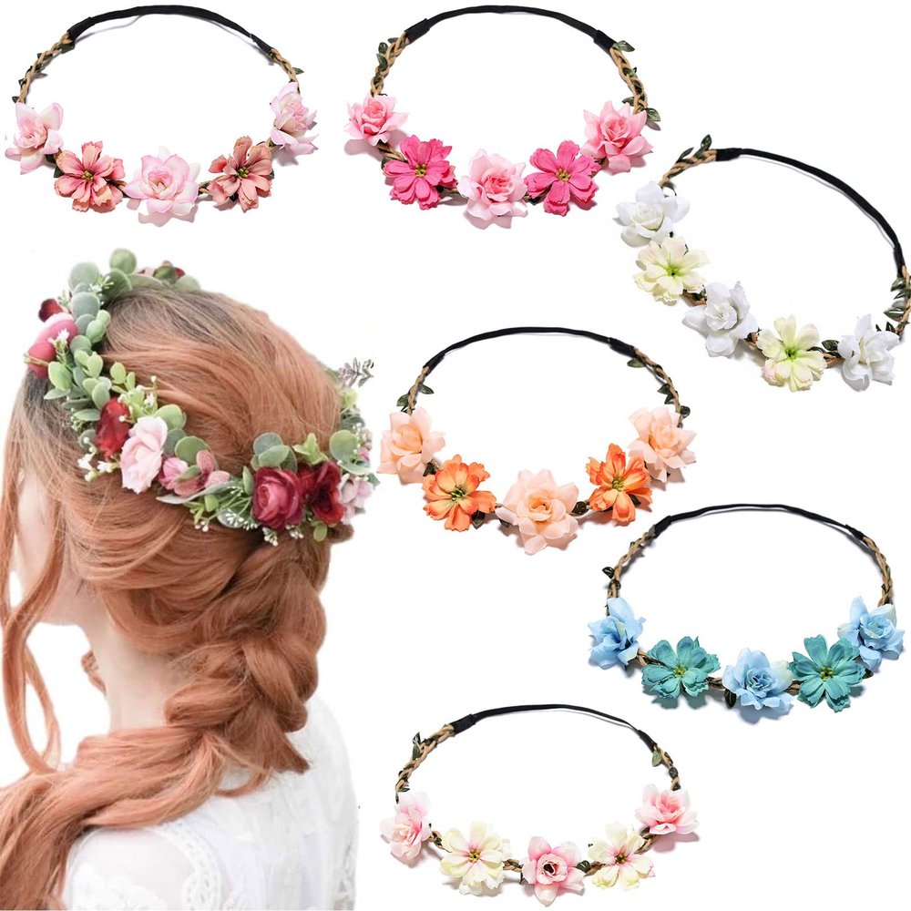 AUOCATTAIL 6 Pcs Girl Boho Flower Headband Hair Rose Gesang Wreath Floral Crown Fairy Headpiece Wedding Tour Festival Photos Accessories for Women Kids