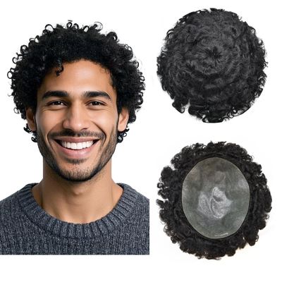 Afro Hair Units for Black Mens Toupee Meave Units Afro Toupee for Man Curly Human Hair Replacement System African American Curl Male Hairpiece (16MM Wavy, 1# Jet Black)
