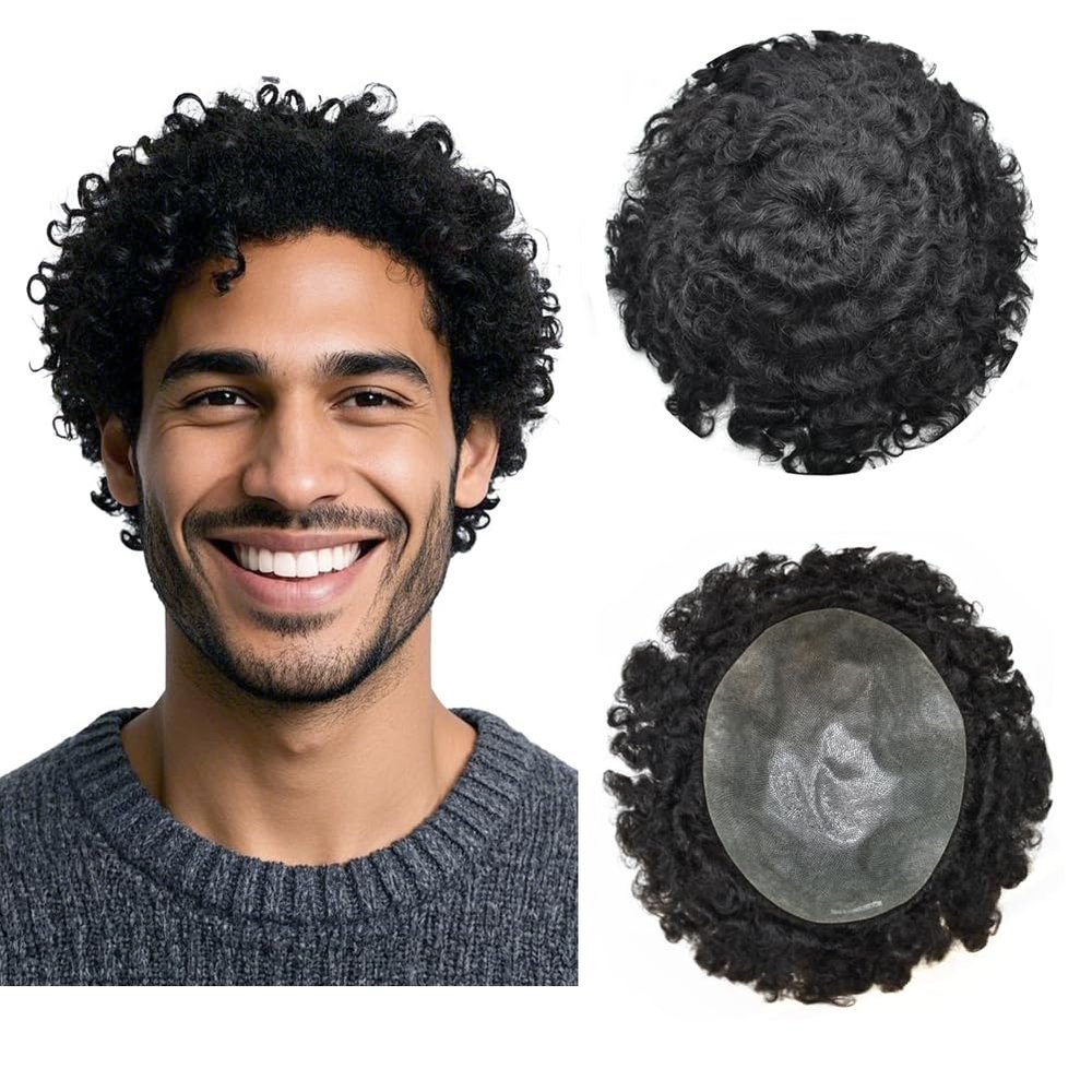 Afro Hair Units for Black Mens Toupee Meave Units Afro Toupee for Man Curly Human Hair Replacement System African American Curl Male Hairpiece (16MM Wavy, 1# Jet Black)