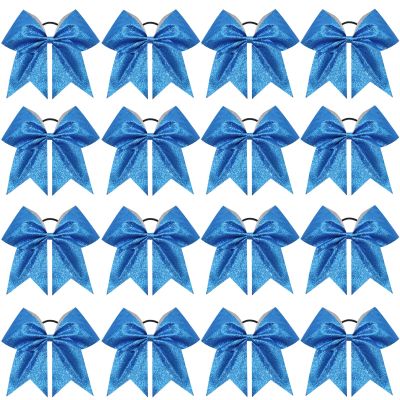 16PCS 8" Large Glitter Cheer Bows for Cheerleaders, CN Sparkly Hair Bows with Elastic Hair Ties Accessories for Teens Girls Women Cheerleading Softball Competition Sports (Blue)