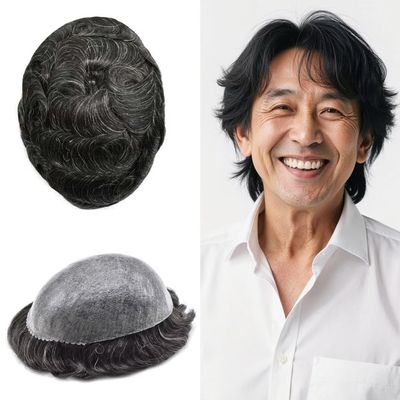 Toupee For Men Hair Replacement System European Human Hair Pieces All Poly Durable PU 0.10mm Mens Short Hairpiece Medium Density Gray Black Brown Man Wigs 7"x9" #1B10 Off Black Mixed 10% Gray