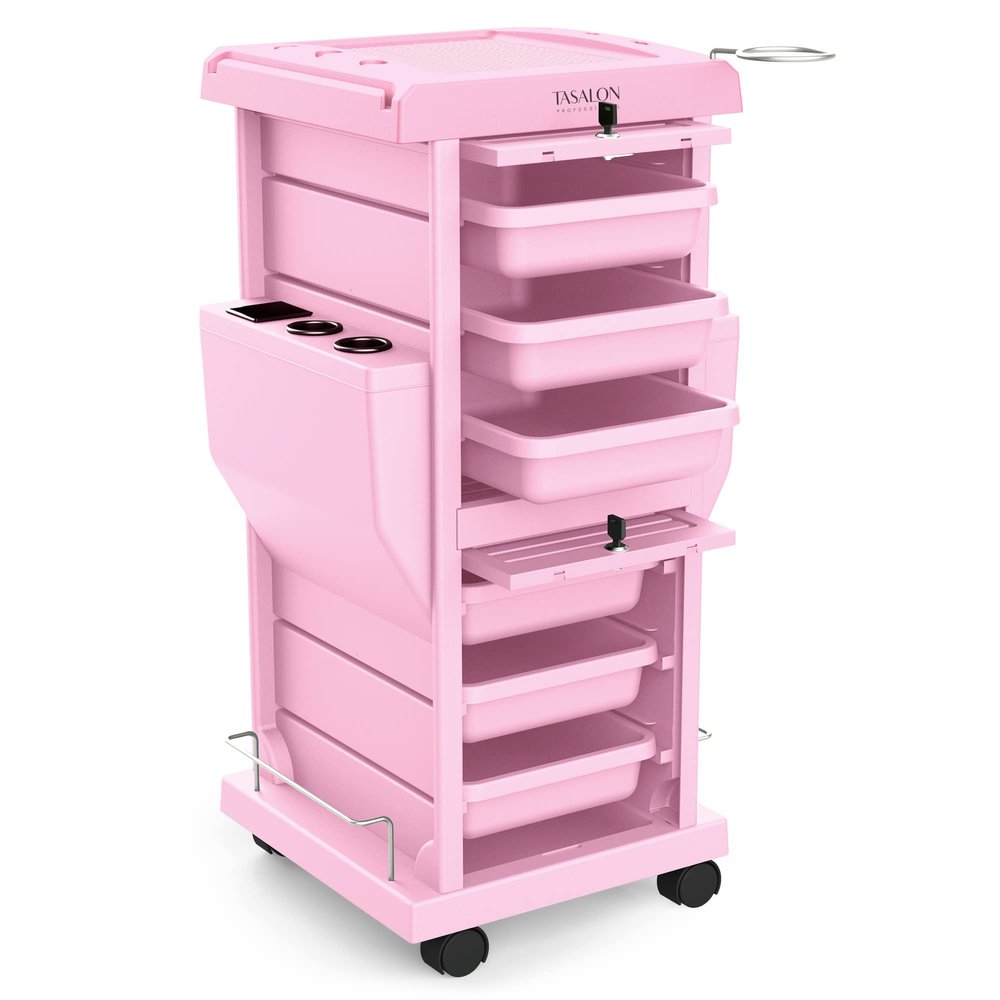 TASALON Professional Salon Trolley Cart, Lockable 6 Trays & 2 Holders, Space Saving Mobile Storage for Hair Salon and Beauty Station - Pink