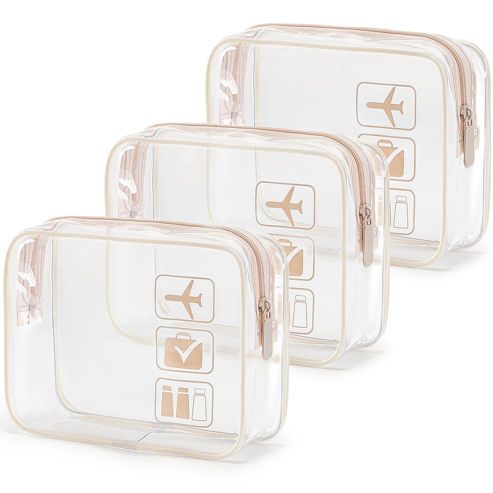 MODENGKONGJIAN TSA Approved Toiletry Bag, 3 Pcs Clear Toiletries Bags Quart Size Travel Makeup Cosmetic Bag for Women Men, Carry on Airport Airline Compliant Bag (Flesh Pink)