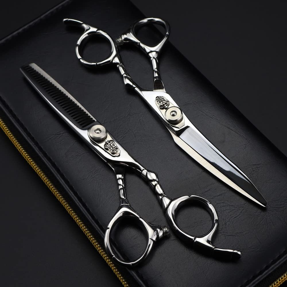 Hair Cutting Scissors, 6inch Professional Japan 440c steel Curved silver hair scissors cutting barber tools haircut thinning shears hairdresser scissors (Color : Set with bag)