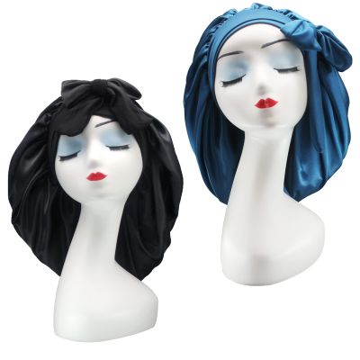 Hanbertti 2 Pack Silk Satin Hair Bonnet Sleeping Hat with Tie Band Bonnets Adjustable Bonnet for Curly Hair Sleep Adult WomenBlack+Midnight Blue