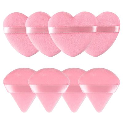 8 Pieces Powder Puffs Face Cosmetic Powder Puff Washable Reusable Soft Plush Powder Sponge Makeup Foundation Sponge for Face Body Loose Powder Wet Dry Makeup Tool,Heart Shape + Triangle, Pink