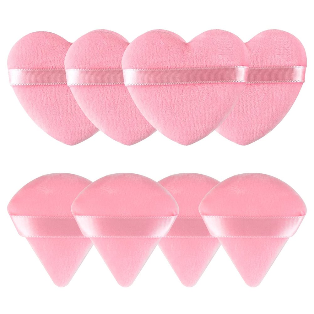 8 Pieces Powder Puffs Face Cosmetic Powder Puff Washable Reusable Soft Plush Powder Sponge Makeup Foundation Sponge for Face Body Loose Powder Wet Dry Makeup Tool,Heart Shape + Triangle, Pink