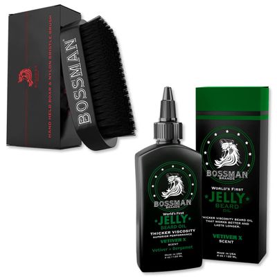 Bossman Men's Grooming Kit: Hand Held Boar & Nylon Bristle Brush and Beard Oil Jelly