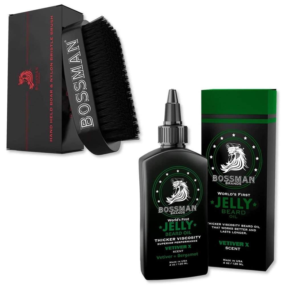 Bossman Men's Grooming Kit: Hand Held Boar & Nylon Bristle Brush and Beard Oil Jelly