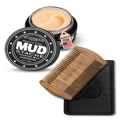 Bossman MUDstache Wax for Men 1 oz + Sandalwood Comb  Strong 24-Hour Hold Wax + Pocket Size Comb with Protective Case - Made in USA