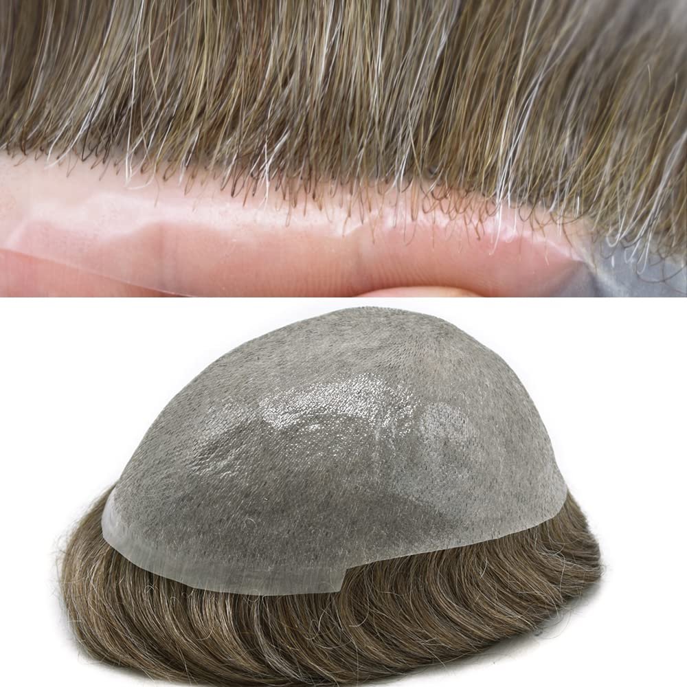 Toupee For Men Hair Replacement System Ultra Thin Skin 0.06mm Mens Toupee Hairpiece V-loop European Remy Human Hair Wig Black Brown Brunette Male Hair Units 8"x10"#520 Medium Light Brown with 20% Gray-110% density