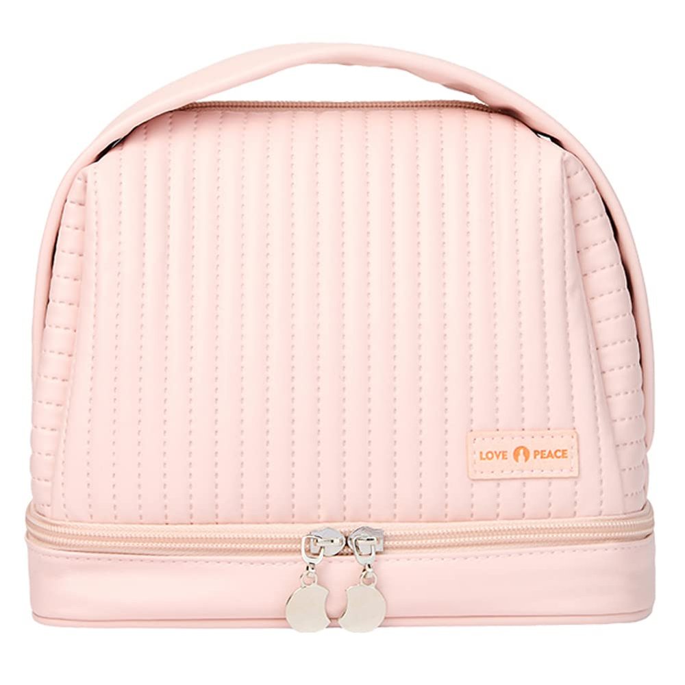 kamumanni Cosmetic Bag for Women, Toiletry Bag with a Separate Compartment, Travel Makeup Bag with Removable Brush Holder, Soft Portable Makeup Case for Cosmetics, Skincare Products, Pink