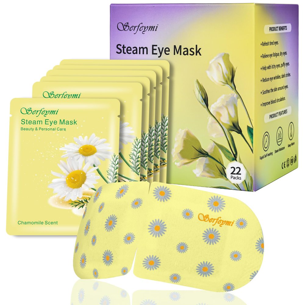 Serfeymi 22 Packs Steam Eye Mask, Warming Eye Mask Promote Sleep Eye Patch Self-Heating, Disposable Eye SPA Heated Eye Mask for Dry Eyes, Dark Circles, Tired Eyes, Eye Fatigue (Upgraded Chamomile)