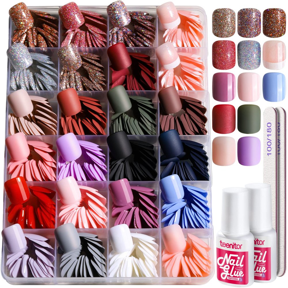 Teenitor 576Pcs Short Square Press On Nails Kit with Matte, Glossy, Glitter, and French Designs
