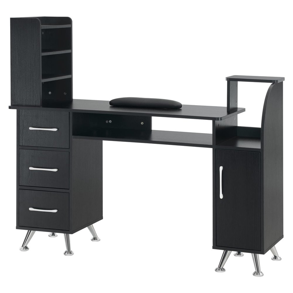 BarberPub Manicure Table Makeup Dressing Station Nail Desk with Wrist Cushion Beauty Workstation Salon Storage Equipment 2636 (Black)
