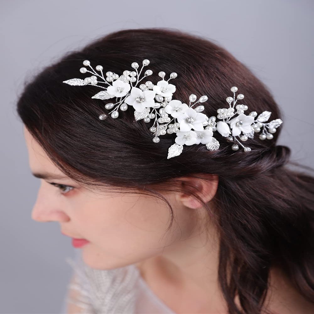 Teyglen Flower Leaf Bride Wedding Hair Comb Silver Floral Pearl Rhinestone Headpieces Hair Pieces Bridal Side Hair Comb Hair Accessories for Women Girls Bridesmaid