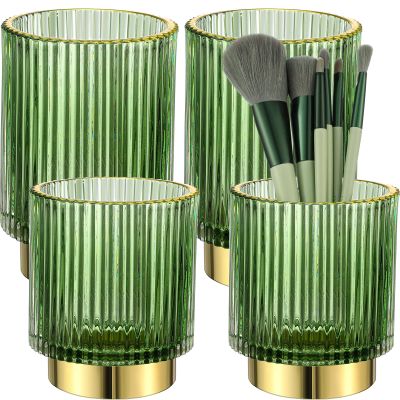 Wesiti 4 Pcs Makeup Brush Holders Organize Glass Makeup Holder Vintage Cosmetic Makeup Storage Holder, Retro Striped Make up Brush Cup for Lipstick (Dark Green)