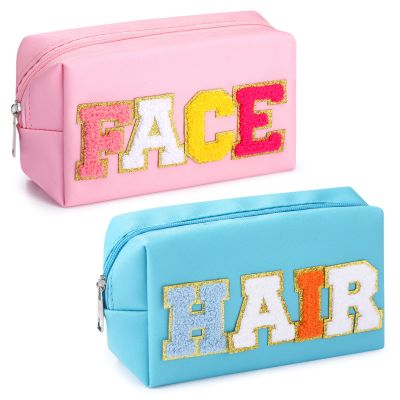 PAFUWEI 2 Pcs Letter Patch Makeup Bag Cosmetic Bag PU Leather Waterproof Toiletry Bag Portable Travel Makeup Zipper Pouch for Women Girls