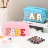 PAFUWEI 2 Pcs Letter Patch Makeup Bag Cosmetic Bag PU Leather Waterproof Toiletry Bag Portable Travel Makeup Zipper Pouch for Women Girls view 3