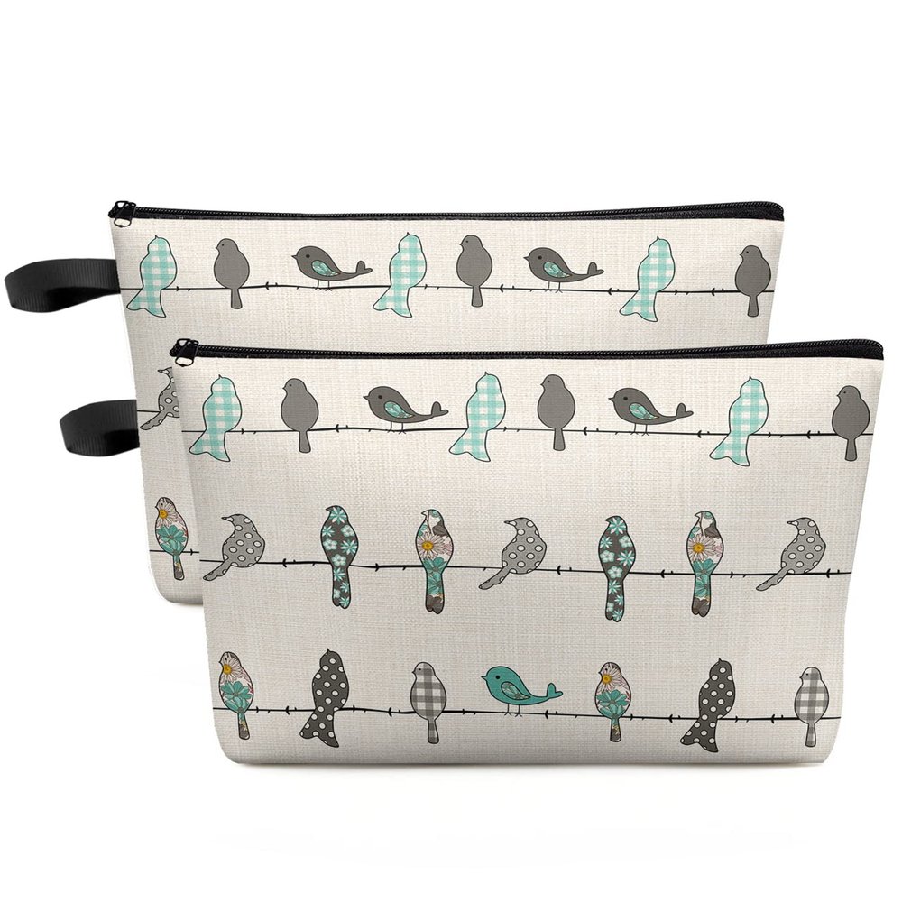 Carosoffe Teal Grey Birds Cosmetic Bags for Women, Plaid Florals Turquoise Linen Texture Small Makeup Bag for Purse, Waterproof Travel Toiletry Bag Accessories Organizer, 2PCS