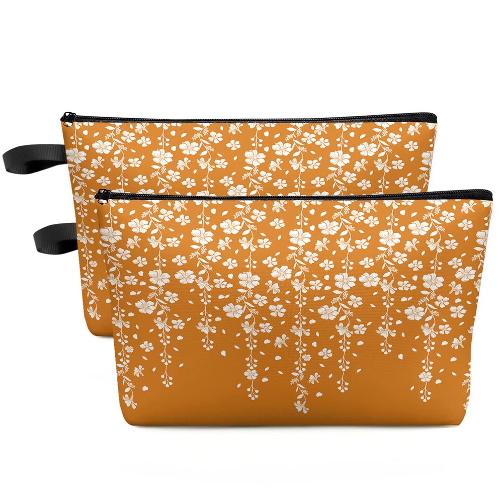 Carosoffe Burnt Orange Florals Cosmetic Bags for Women, Orange Weeping Flowers Small Makeup Bag for Purse, Waterproof Travel Toiletry Bag Accessories Organizer, 2PCS