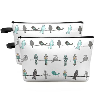 Carosoffe Teal Grey Birds Cosmetic Bags for Women, Checkered Florals Turquoise Small Makeup Bag for Purse, Waterproof Travel Toiletry Bag Accessories Organizer, 2PCS
