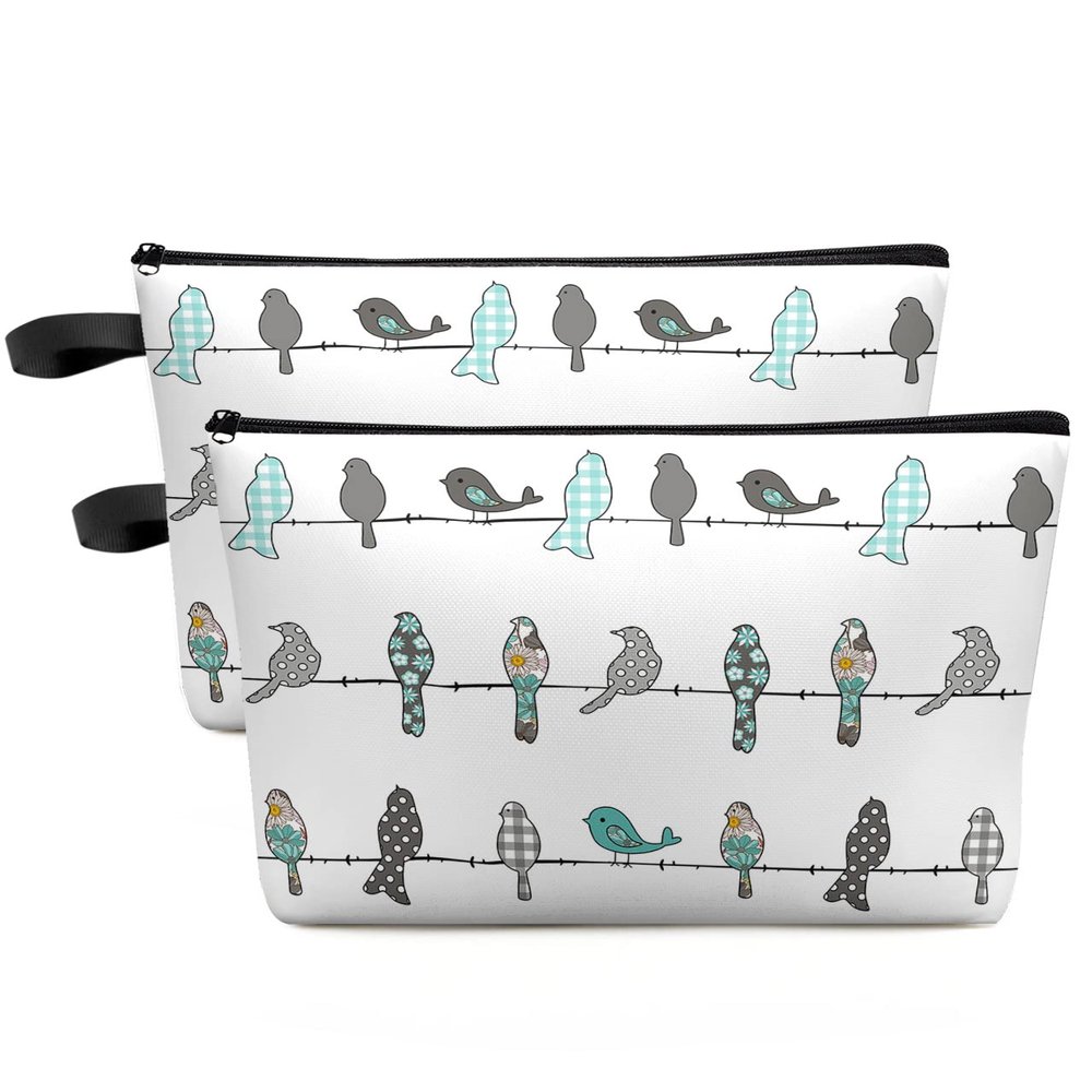 Carosoffe Teal Grey Birds Cosmetic Bags for Women, Checkered Florals Turquoise Small Makeup Bag for Purse, Waterproof Travel Toiletry Bag Accessories Organizer, 2PCS