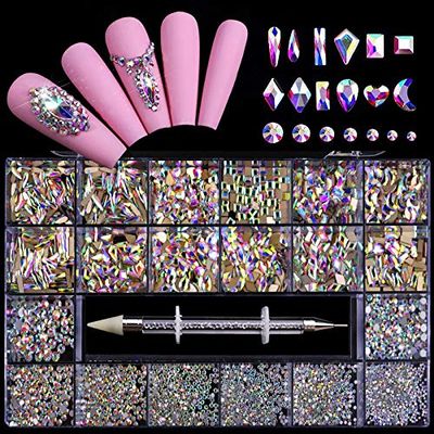 FRUJCDKI 12 Types of 600 Special-Shaped Diamonds + 2500 Flat-Bottomed Rhinestones Mix 20 Styles Flatback Rhinestone Crystals 3D Decorations Flat Back Stones Gems Set +Tweezers + Drill Pen