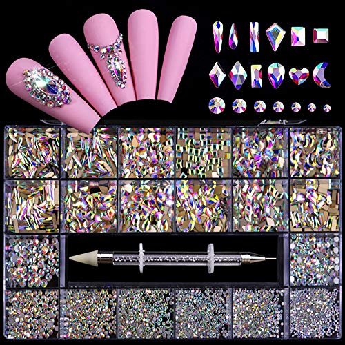 FRUJCDKI 12 Types of 600 Special-Shaped Diamonds + 2500 Flat-Bottomed Rhinestones Mix 20 Styles Flatback Rhinestone Crystals 3D Decorations Flat Back Stones Gems Set +Tweezers + Drill Pen