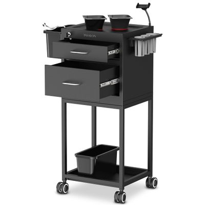 TASALON Salon Trolley Cart with Wheels, 2 Magnetic Bowls & Drawers | Mobile Hair Stylist Station for Tools Storage, Rolling Organizer Cart for Barber & Tattoo Supplies - Balck