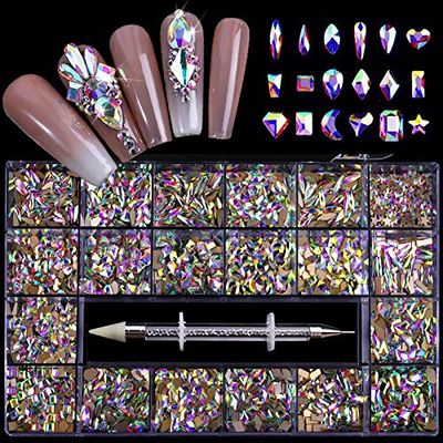 FRUJCDKI 1000 Special-Shaped Diamonds Mix 20 Styles Flatback Rhinestone Crystals 3D Decorations Flat Back Stones Gems Set +Tweezers + Drill Pen