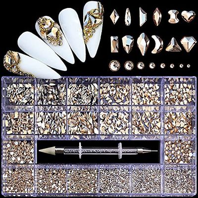 FRUJCDKI 12 Styles of 600 Champagne Diamonds + 2500 Flat Rhinestones Mix 20 Styles Flatback Rhinestone Crystals 3D Decorations Flat Back Stones Gems Set +Tweezers + Drill Pen