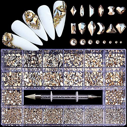 FRUJCDKI 12 Styles of 600 Champagne Diamonds + 2500 Flat Rhinestones Mix 20 Styles Flatback Rhinestone Crystals 3D Decorations Flat Back Stones Gems Set +Tweezers + Drill Pen