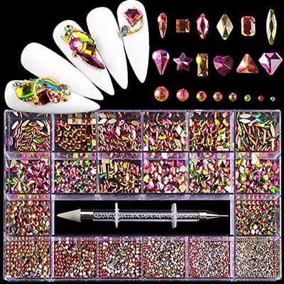 FRUJCDKI 12 Types of 600 Diamonds +2500 Flat Rhinestones Mix 20 Styles Flatback Rhinestone Crystals 3D Decorations Flat Back Stones Gems Set for for Nail Art DIY