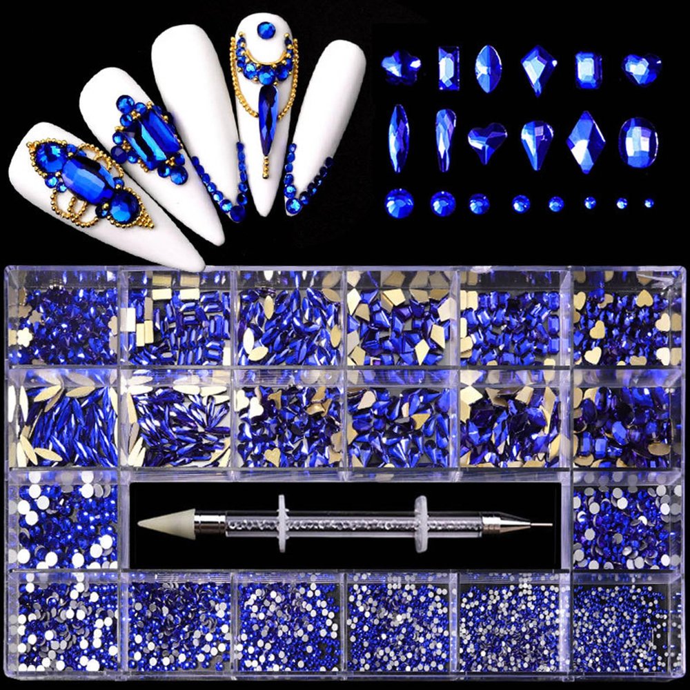 Nail Rhinestones Kit, Nail Art Decorations Flat AB Rhinestones Kit DIY Crafts Gemstones for Nail, Shoes, Clothes, Jewels (600 Iridescent Diamonds + 2500 Flat Rhinestones)