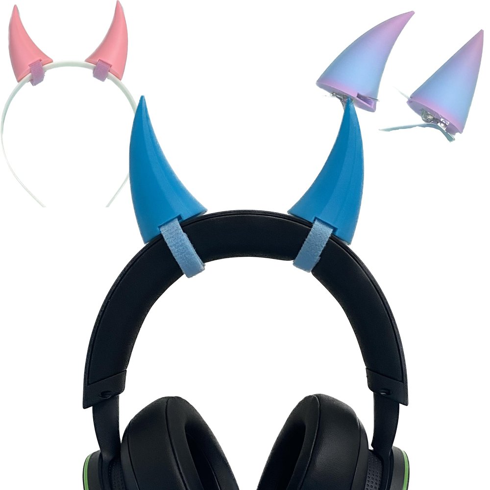 2x demon horns for Headset/Cosplay - Made In USA -16 Colors Combos (Blue Light)