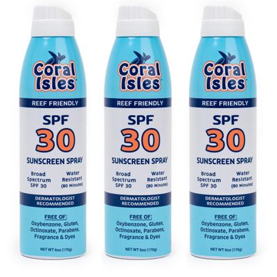 Coral Isles SPF 30 Sunscreen Spray - Hawaii Compliant - Oxybenzone & Octinoxate Free - Broad Spectrum - Water Resistant, 6 Fl Oz (Pack of 3)
