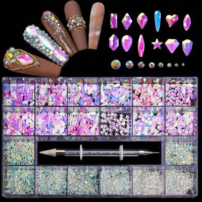 Nail Rhinestones Kit, Nail Art Decorations Flat AB Rhinestones Kit DIY Crafts Gemstones for Nail, Shoes, Clothes, Jewels (600 Iridescent Diamonds + 2500 Flat Rhinestones)