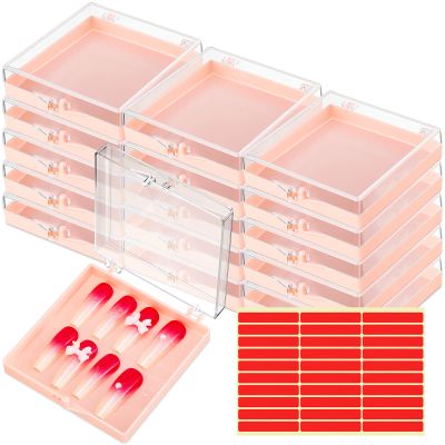 Landhoow 15 Pcs Press On Nail Boxes Nail Display Case with 30 Adhesive Tape, Artificial Press On Nail Container, Acrylic Storage Organizer(Pink)