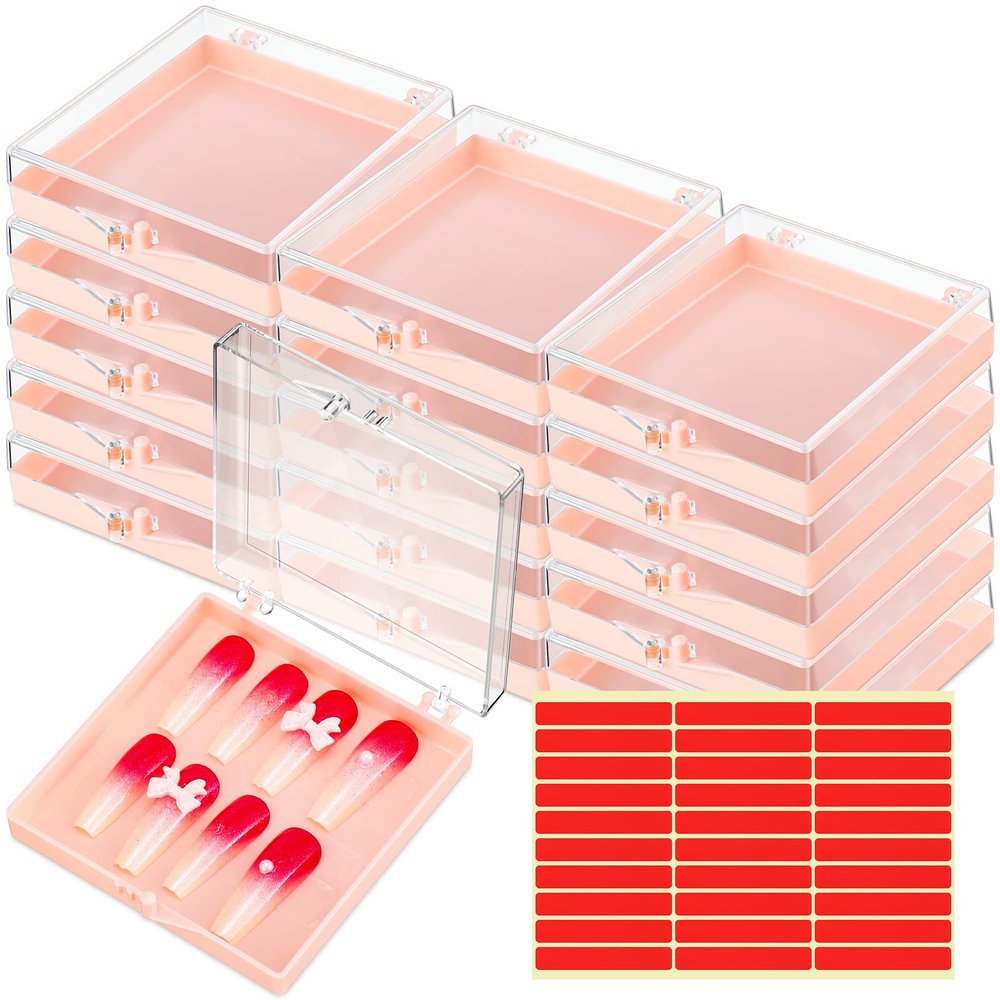 Landhoow 15 Pcs Press On Nail Boxes Nail Display Case with 30 Adhesive Tape, Artificial Press On Nail Container, Acrylic Storage Organizer(Pink)