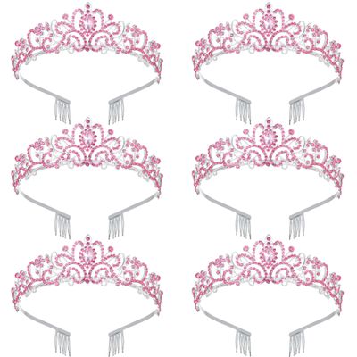 6 pcs Pink Princess Crown - Crystal Tiaras for Women Elegant Rhinestone Royal Queen Crown with Comb for Wedding Pageant Birthday Party Hair Accessories