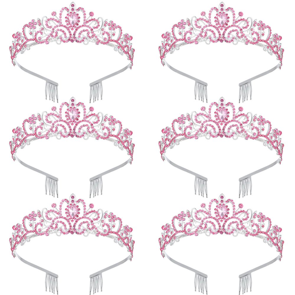 6 pcs Pink Princess Crown - Crystal Tiaras for Women Elegant Rhinestone Royal Queen Crown with Comb for Wedding Pageant Birthday Party Hair Accessories