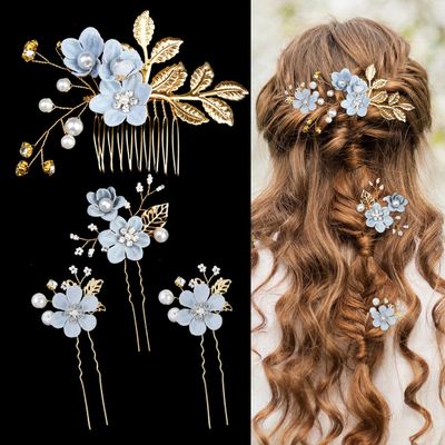 4 Pieces Wedding Flower Hair Pins Pearl Rhinestone Bridal Hair Combs Vintage Hair Forks Wedding Accessories Headpiece for Brides Bridesmaids Women and Girls (Blue)