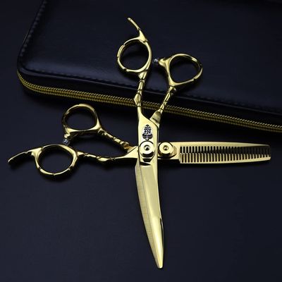 Hair Cutting Scissors, 6inch Professional Japan 440c steel Curved gold hair scissors cutting barber tools haircut thinning shears hairdresser scissors (Color : Set with bag)