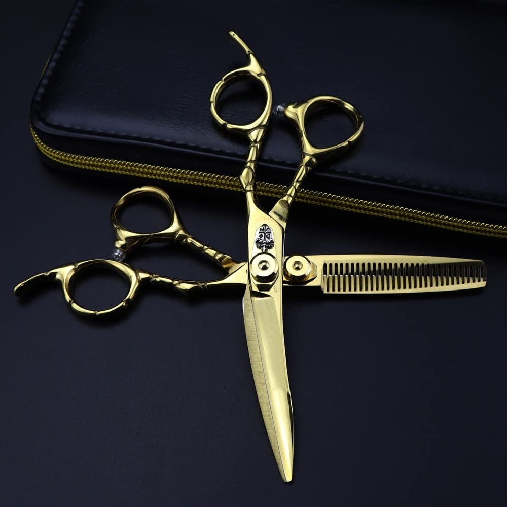 Hair Cutting Scissors, 6inch Professional Japan 440c steel Curved gold hair scissors cutting barber tools haircut thinning shears hairdresser scissors (Color : Set with bag)