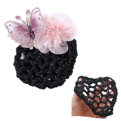 2 Pcs Elastic Net Barrette Butterfly Flower Hair Clip Bun Cover Fashion Lace Hair Net Hairpin for Lady Flight Attendants Light Pink