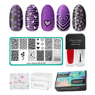 Maniology Heart & Stars Nail Stamping Starter Kit | Cute & Simple Nail Art Designs, Basic & Easy Patterns DIY Manicures  Includes Stamping Plate, Polish, Top Coat, Stamper & Scraper Card