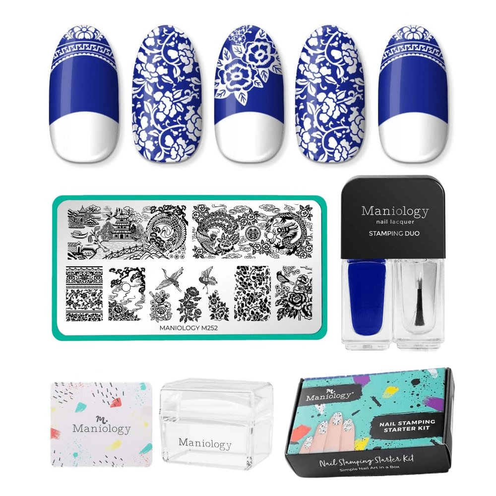 Maniology Porcelain Nail Stamping Starter Kit | Chinese Ceramic-Inspired Nail Art Patterns for Elegant DIY Manicures  Includes Stamping Plate, Polish, Top Coat, Stamper & Scraper Card