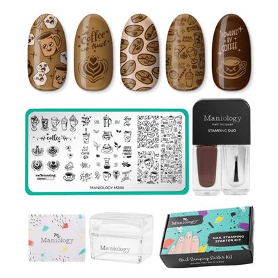 Maniology Coffee Lover Nail Stamping Starter Kit | Coffee-Inspired Nail Art, Mugs, Beans & Caf Designs DIY Manicures  Includes Stamping Plate, Polish, Top Coat, Stamper & Scraper Card